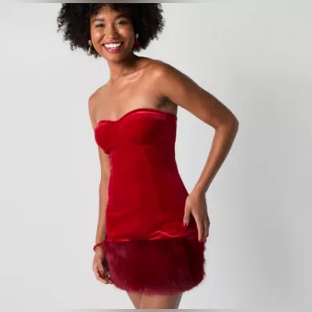 NEW Johnny Wujek Red Velvet Fur Corset Mini Dress Christmas Santa Holiday 13 $74